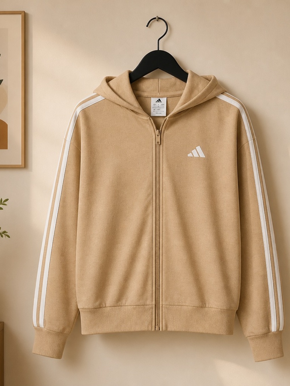 adidas Tan Zip-Up Hoodie with White Shoulder Stripes